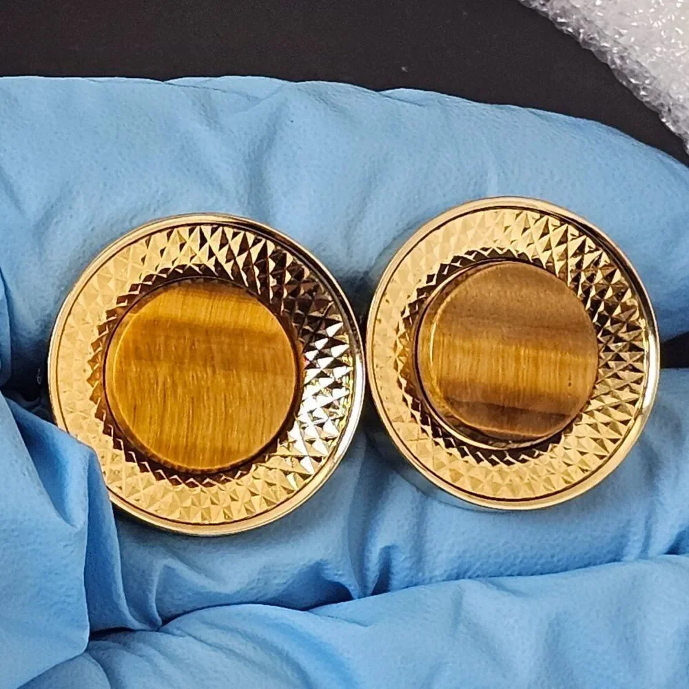 Vintage Swank Golden Brown Tiger Eye Diamond Cut Round Shiny Gold Tone Cufflinks